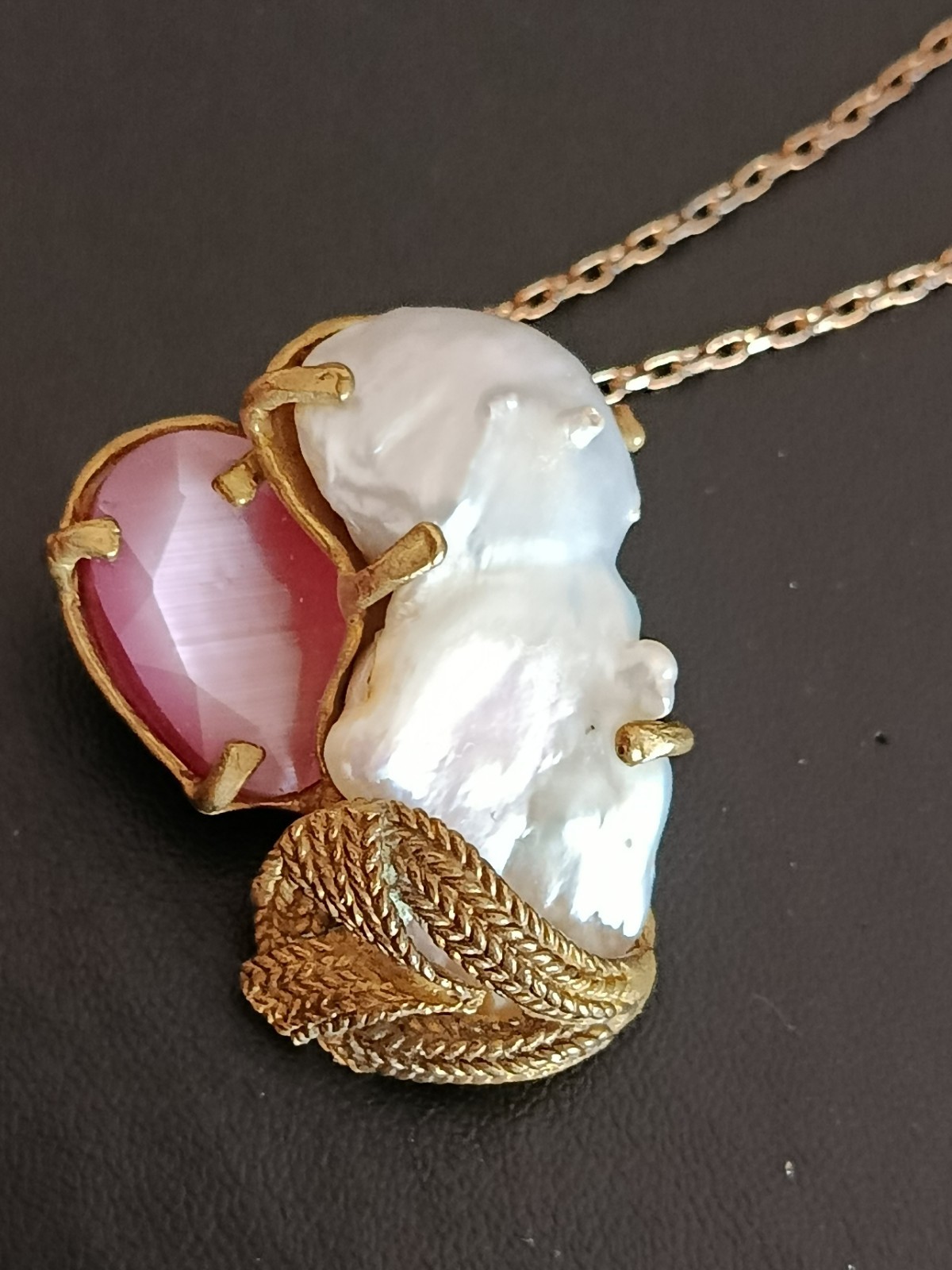 Laura Nocco Baroque Pearl Cat’s Eye Heart Bronze Pendant Signed Italy Rare Art