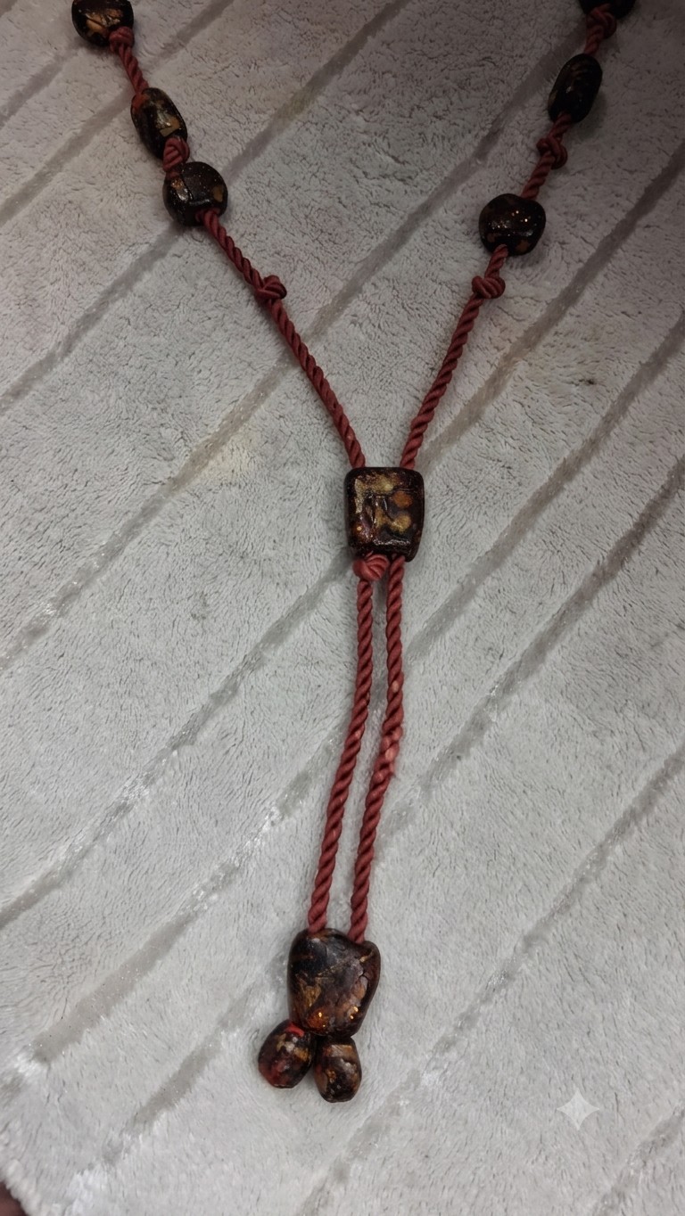 Vintage Cord Bolo Tie Lariat Necklace Wooden Beads Gold Fleck Boho Southwestern