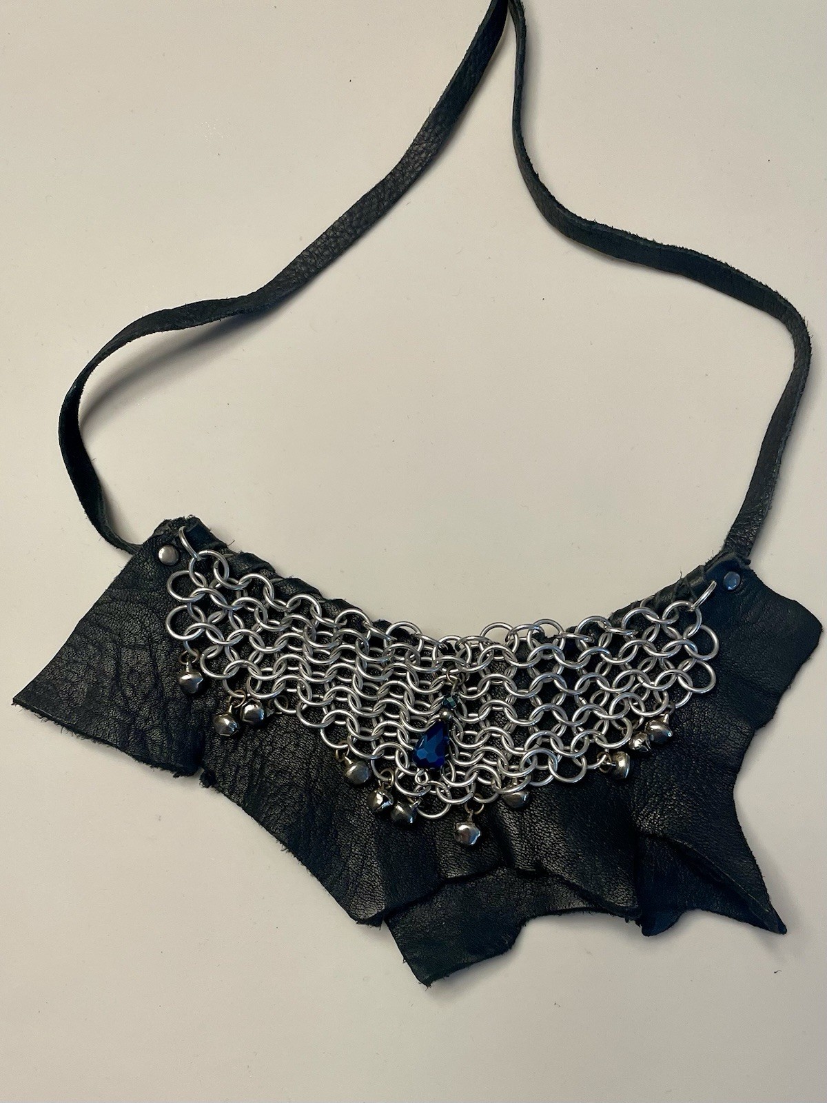 Handmade Leather Bib Style Necklace Tie Back Adjustable Length, Iridescence