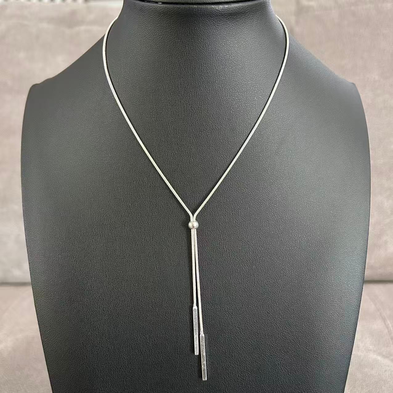 Modern Silver Tone Lariat Y Necklace Snake Chain Sliding Bead Bar Tassel 17-20″