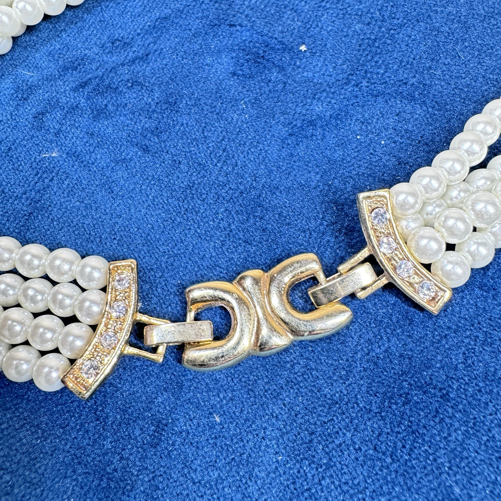 Faux Pearl Multi Strand Choker Necklace Gold Tone Floral Cluster Costume Jewelry