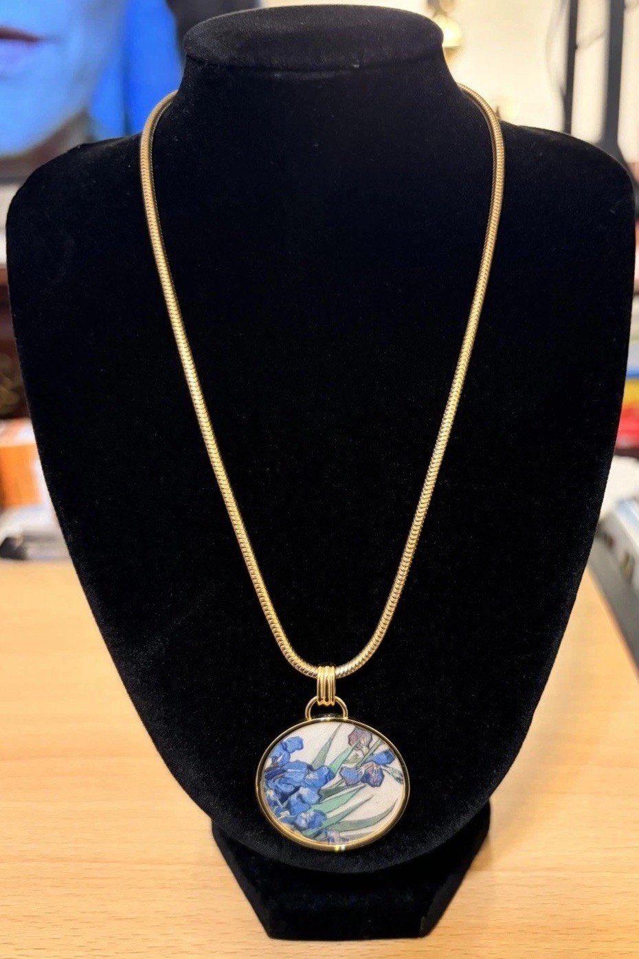 Gold Tone Snake Chain Pendant Necklace w/ Round Blue Art Charm, Bezel