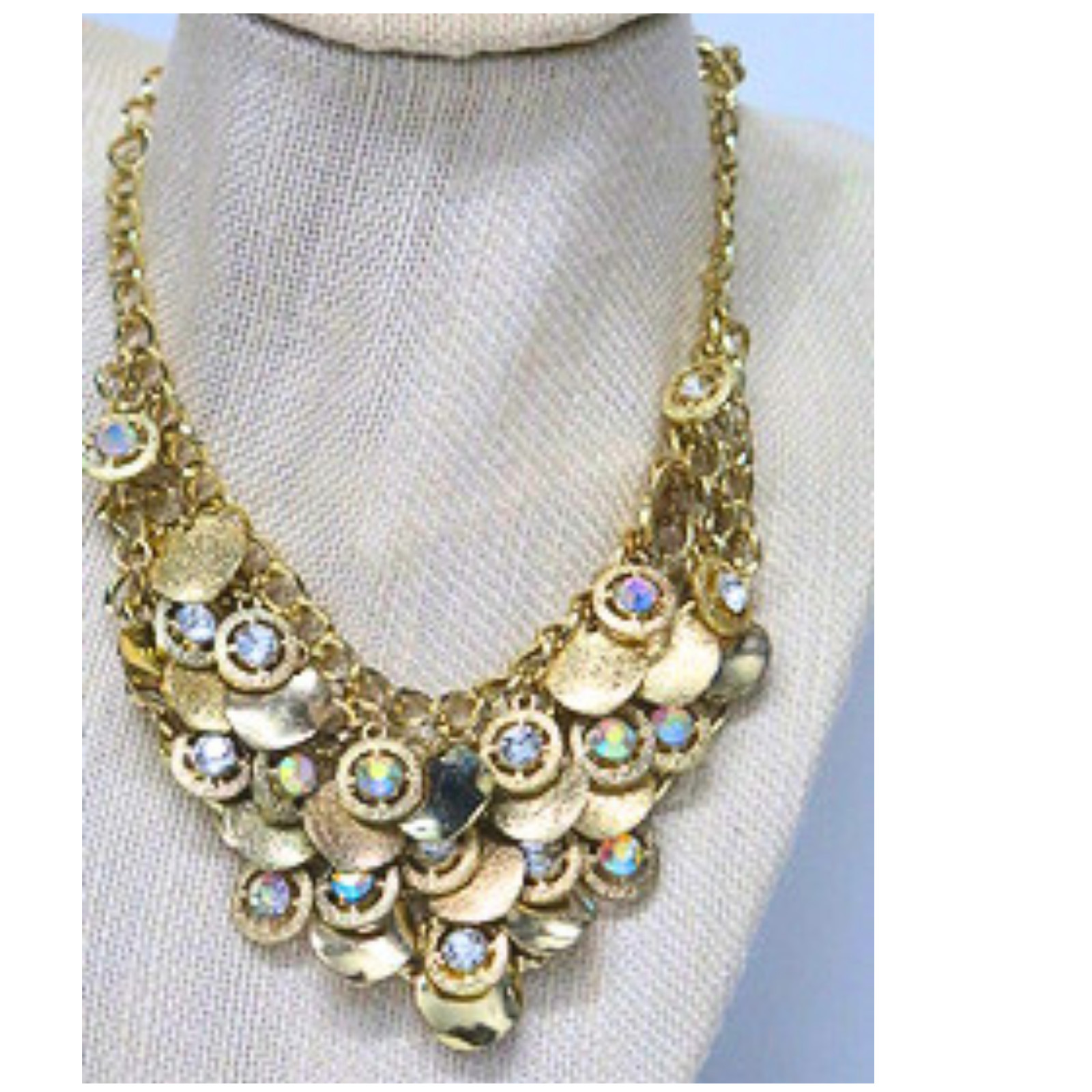 Gold Tone Crystal Coin Statement Bib Necklace AB Rhinestones Adjustable