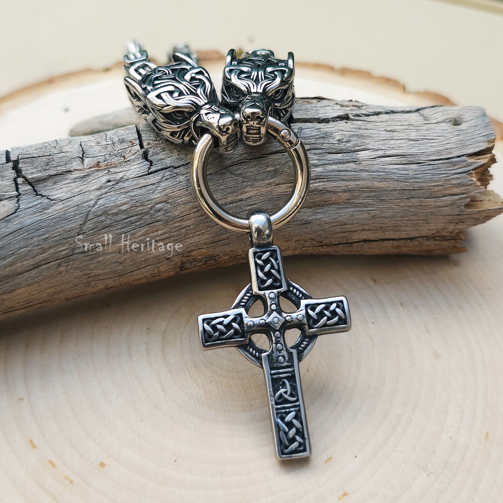 Large Wolf Cross Necklace – Heavy Stainless Steel Celtic Viking Pendant for Men