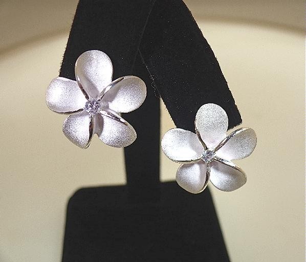 19mm Solid 925 Silver Hawaiian Matted Plumeria Flower White CZ Clip-on Earrings