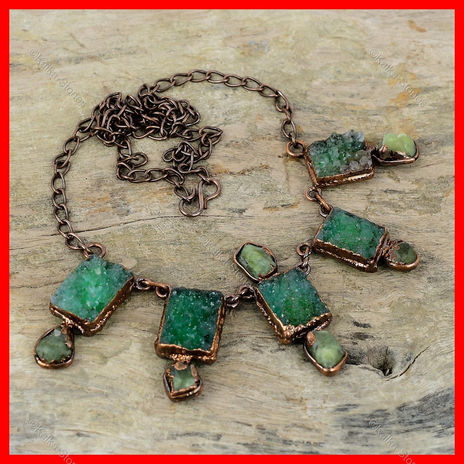 Green Druzy Gemstone Aquamarine Rough Copper Chain Bezel Electroformed Necklace