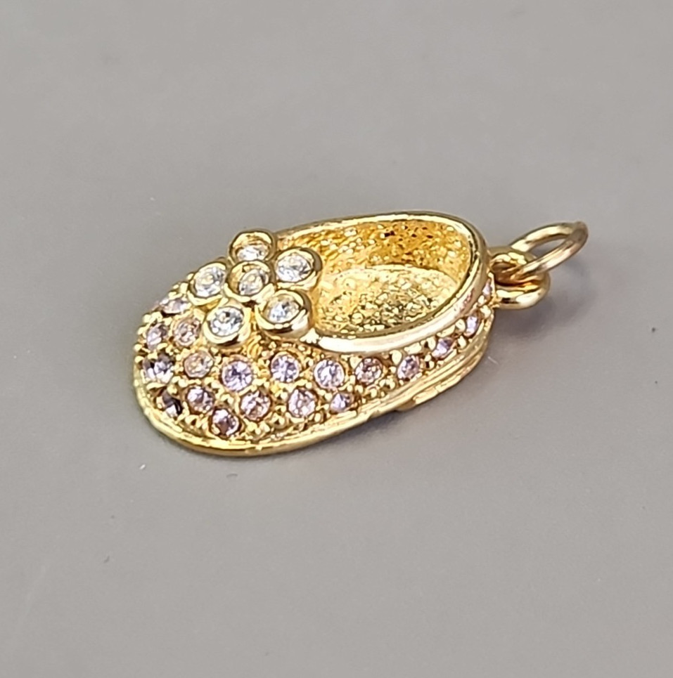 Firenza Baby Shoe Charm Necklace May Birthstone Clear Rhinestones Gold Tone 17mm