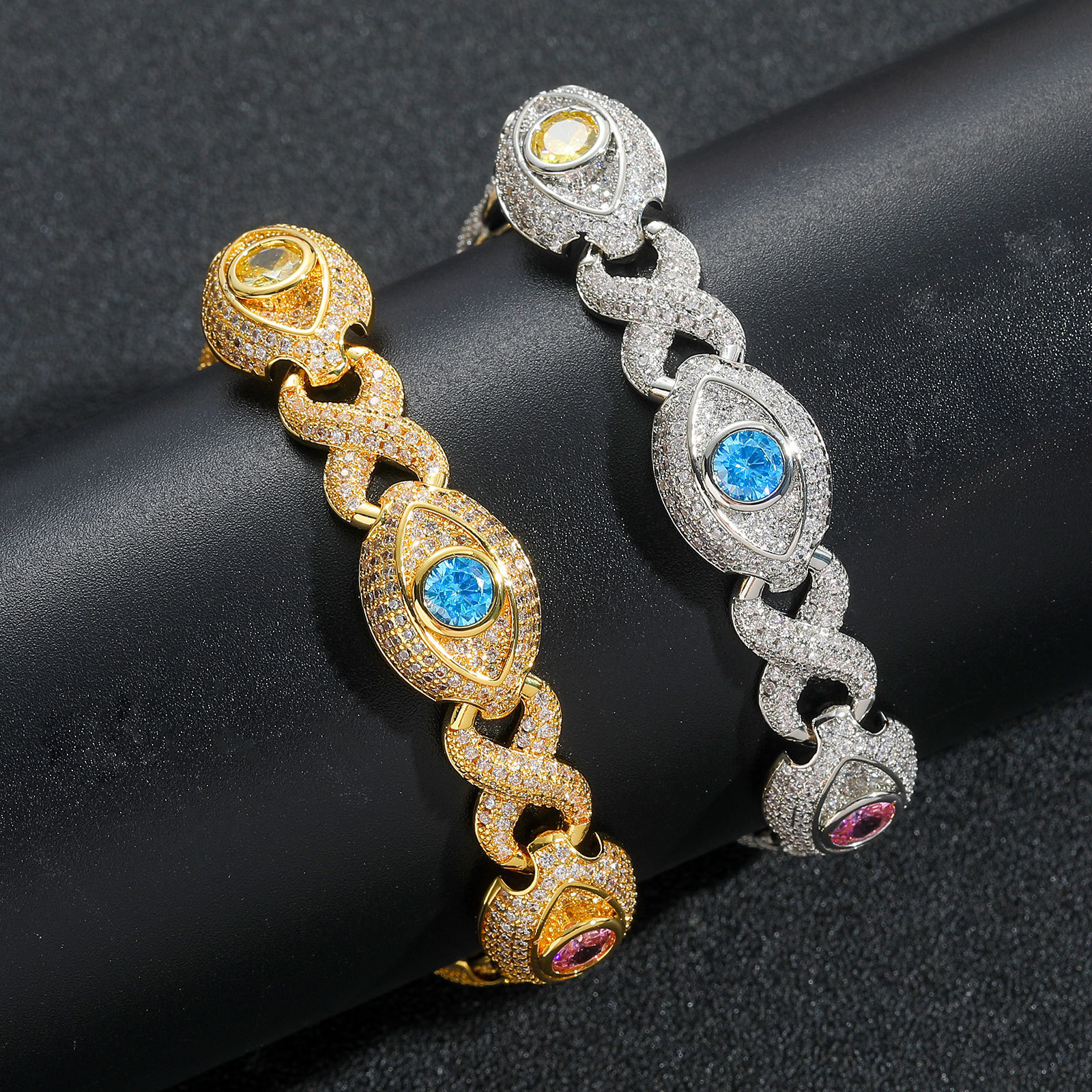 Hip Hop Colorful Eye Cuban Chain Necklace Bracelets 5A Zircon Mens Jewelry