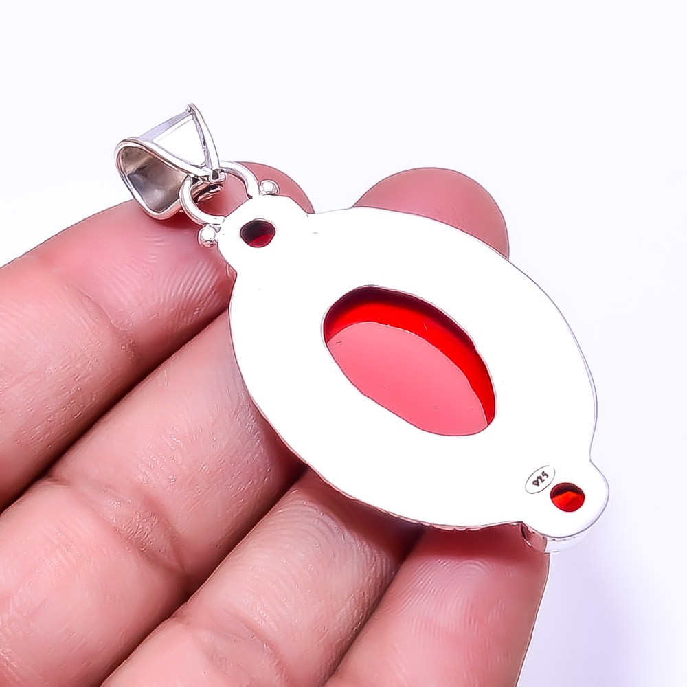 Red Coral & Red Garnet Fine Art Gemstone 925 Sterling Silver Pendant 2.46″ P56