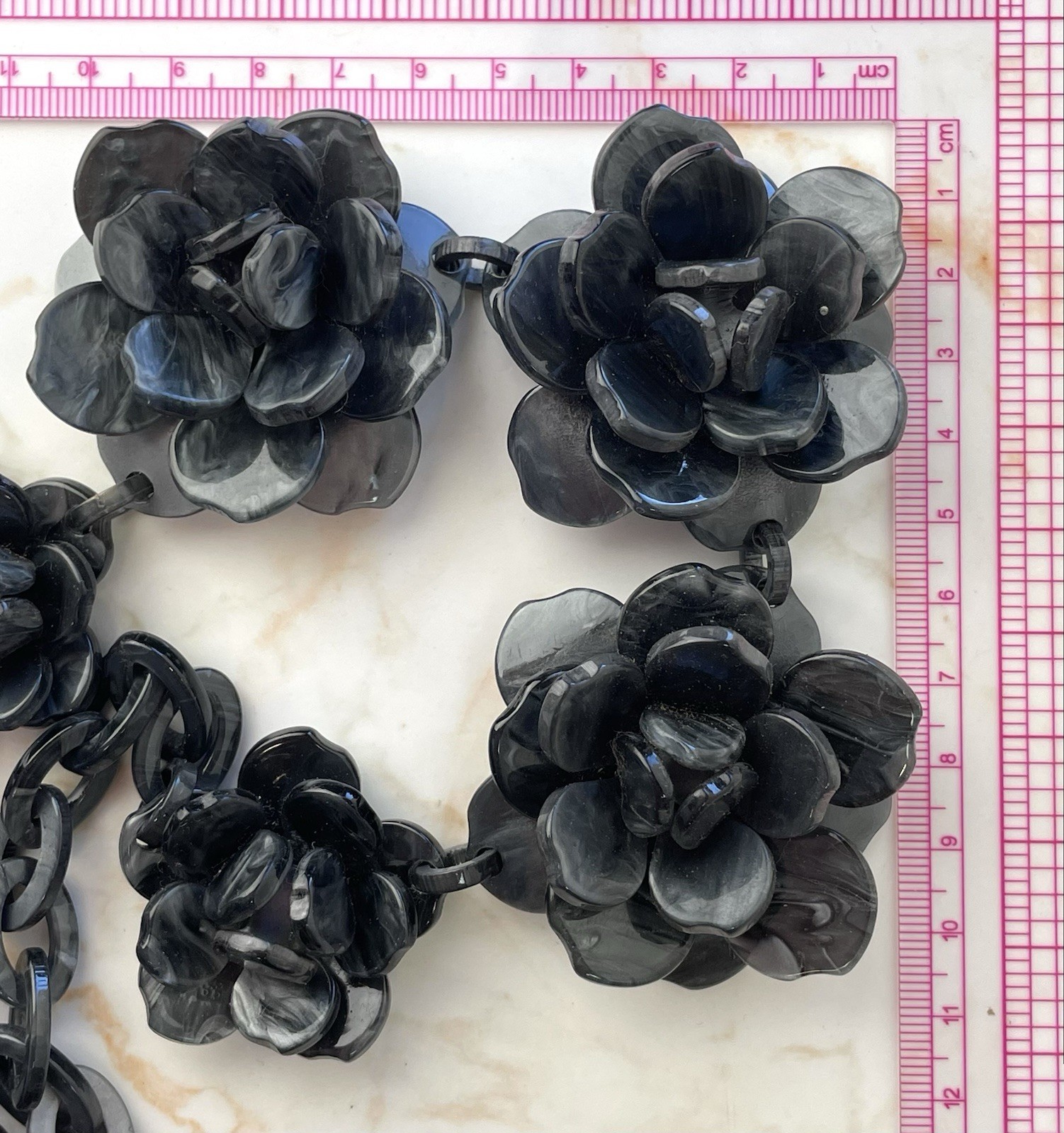 Statement Necklace Large Black Grey Marble Effect Acrylic Flowers