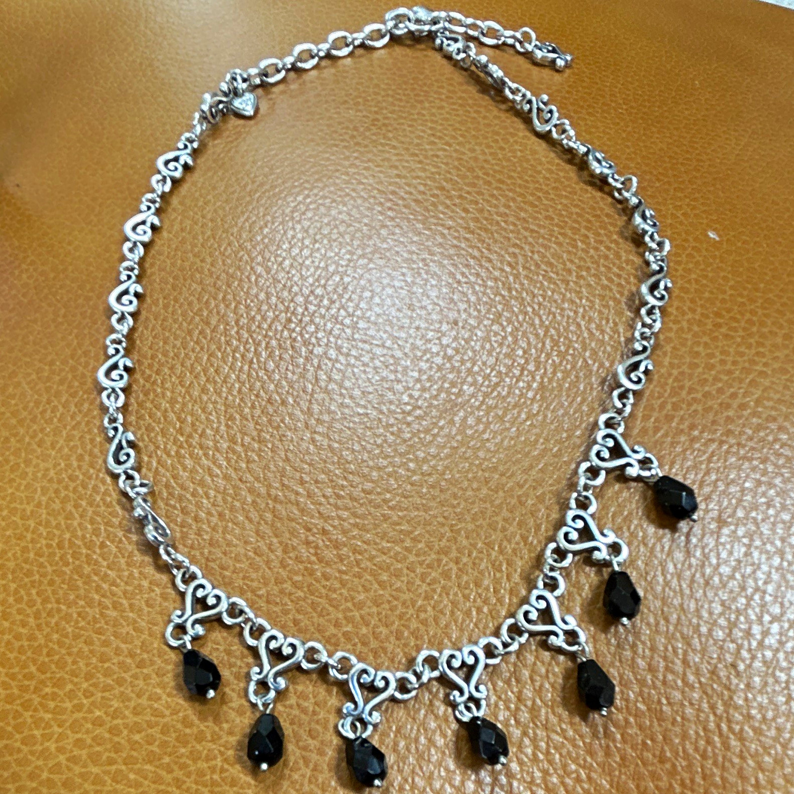 Vintage Brighton Silver Fluer-de-Lis Necklace Black Teardrop Crystal Dangle