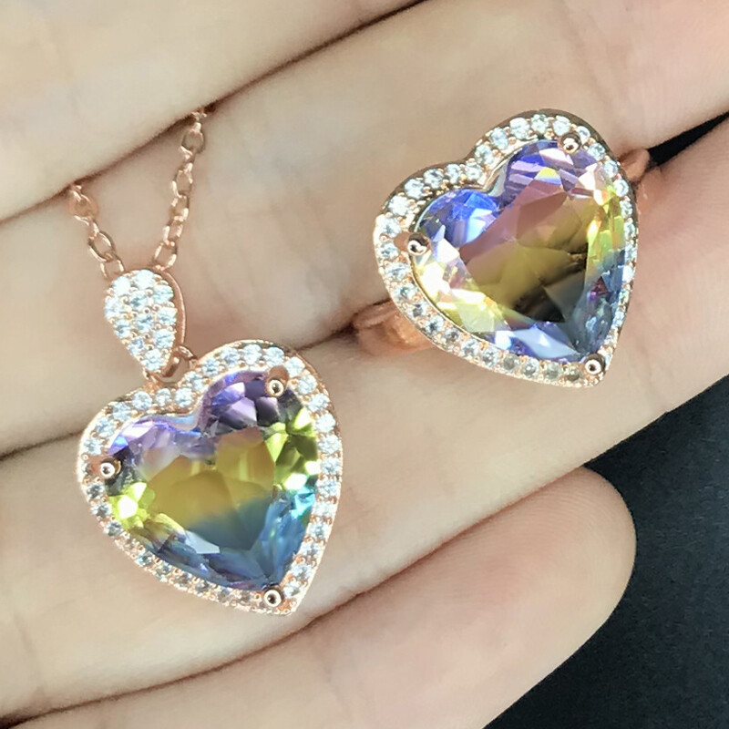 2pc Lot Women Jewelry Gifts Bi Color Tourmaline Gemstone Necklace Pendant Rings