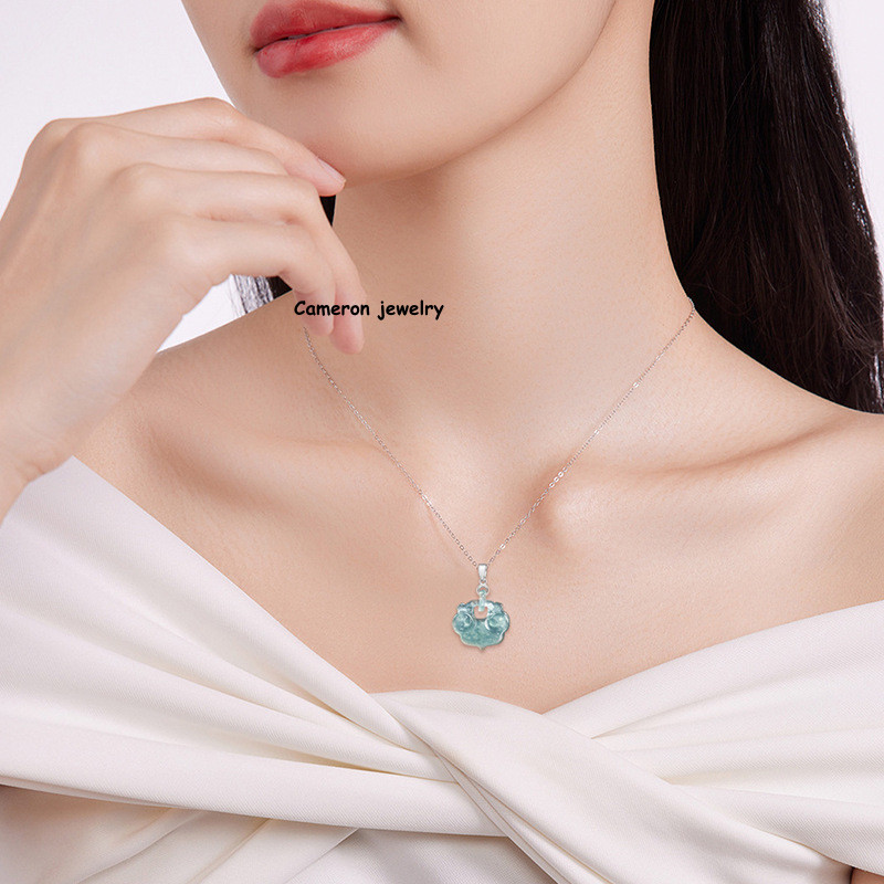 Real Grade A 100% Natural Blue Jade Jadeite Women Lucky Ruyi Lock Pendant