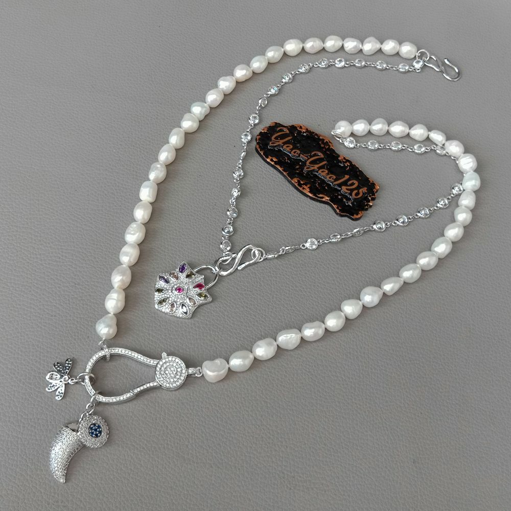 2 rows Cultured White Baroque Pearl Cz pave Drop Charm Necklace 19”