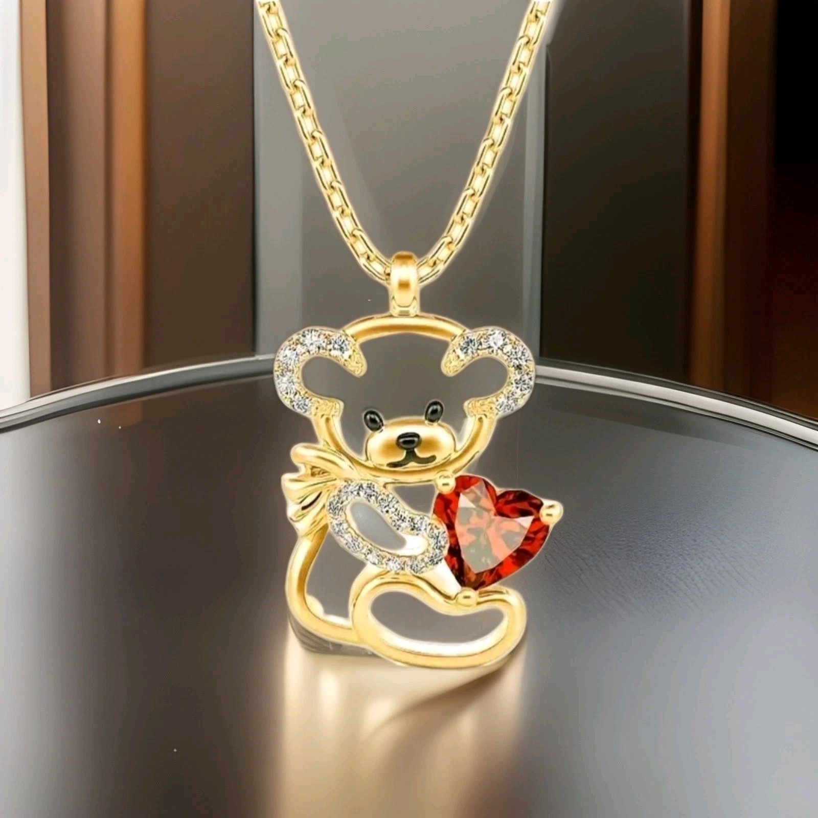 Valentine’s Day Gift Heart Bear Love Gold Red Heart Y2K Dainty Golden Pendant