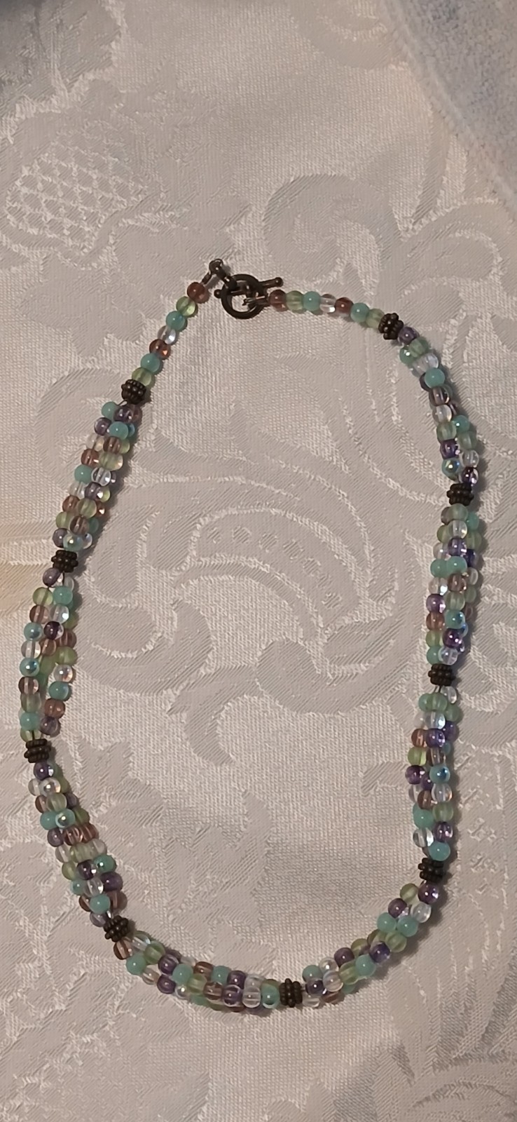 Triple Strand Choker, Amethyst, Blue, Clear, Glass, Toggle Clasp, 15″, Handmade