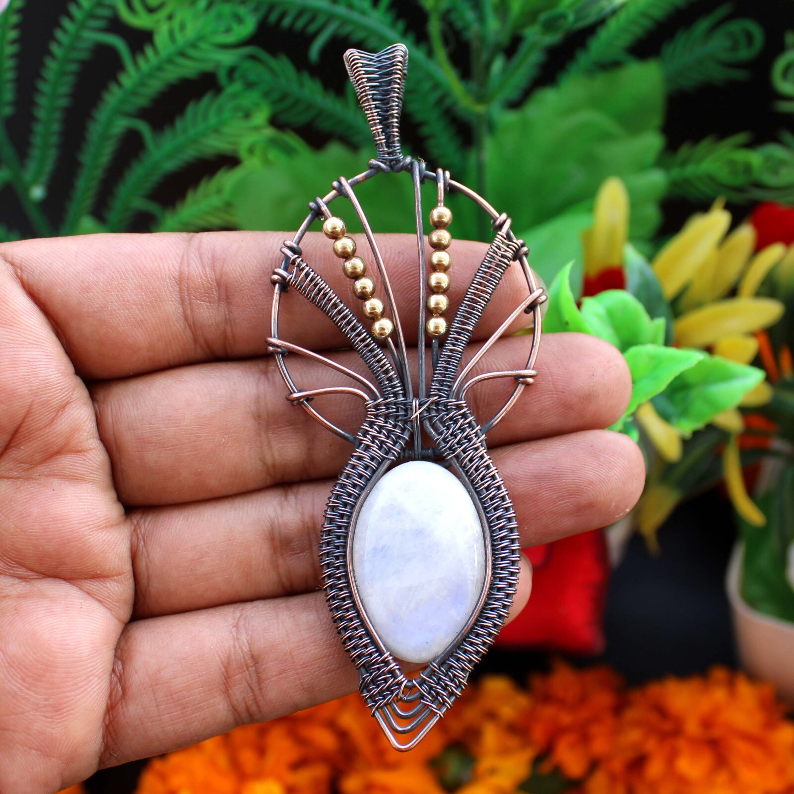 Rainbow Moonstone Pendant Copper Wire Wrapped Pendant Gemstone Wire Wrap Jewelry