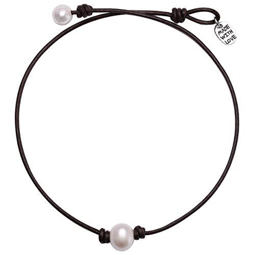 Single Cultured Freshwater Pearl Choker Necklace -Genuine Black or Brown Leather