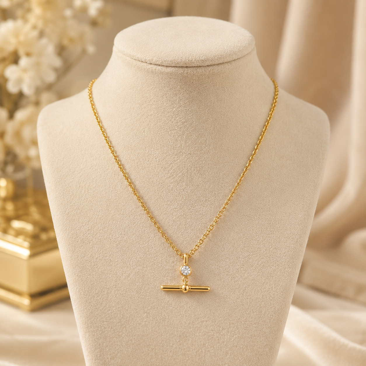 Rolo Chain Necklace Brass Metal T Bar Pendant with cz necklace for gift