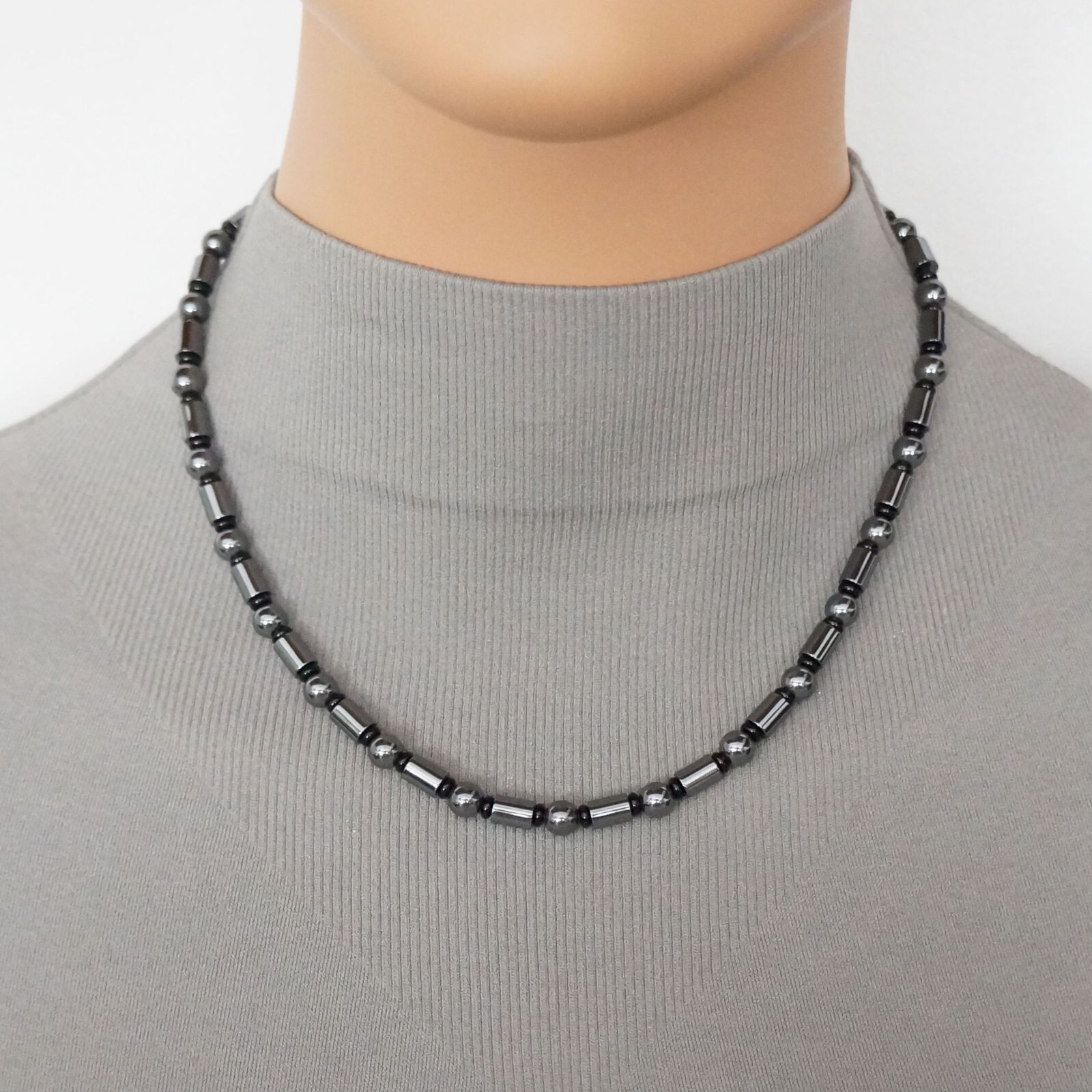 Unisex Grey Hematite Tube and Black Glass Beaded Necklace, 18 inch