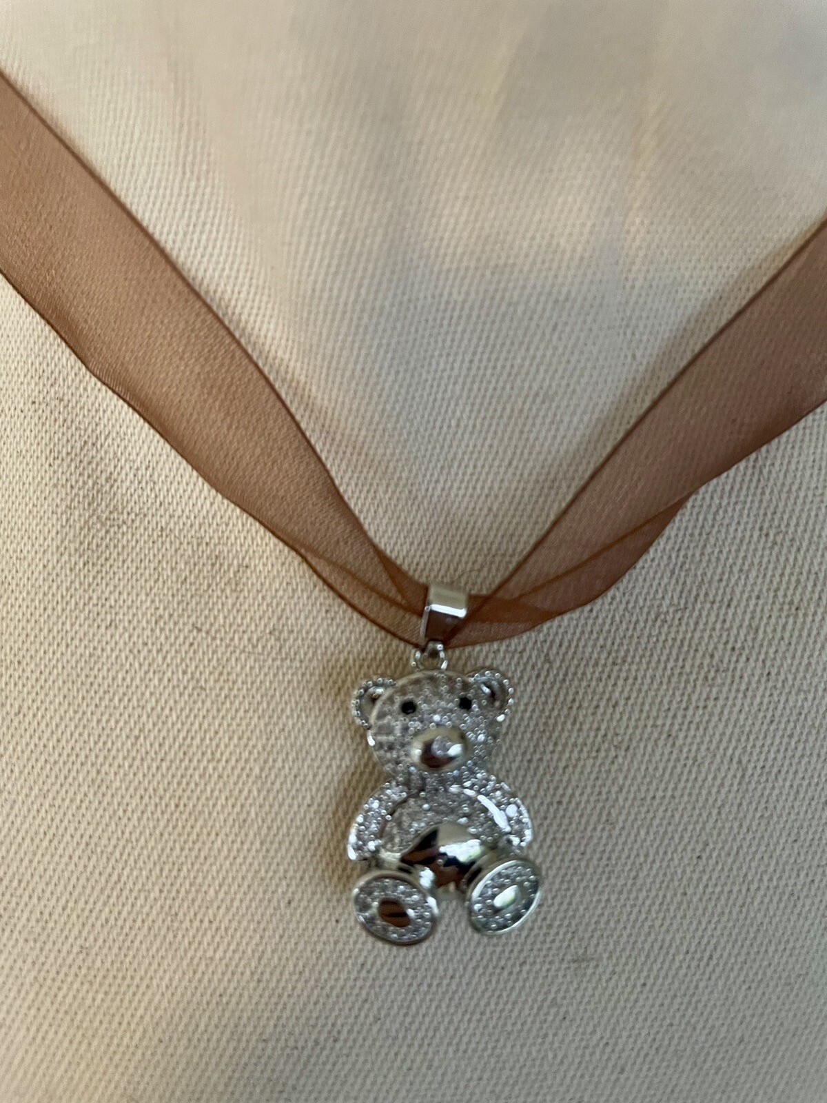 Teddy Bear Necklace CZ Bear on Brown Silk Ribbon Sterling Silver Clasp New