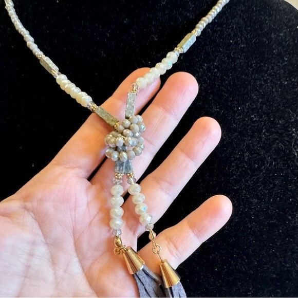 Beautiful Lariat Necklace Multi Wear Faceted Beads with Leather Tassel