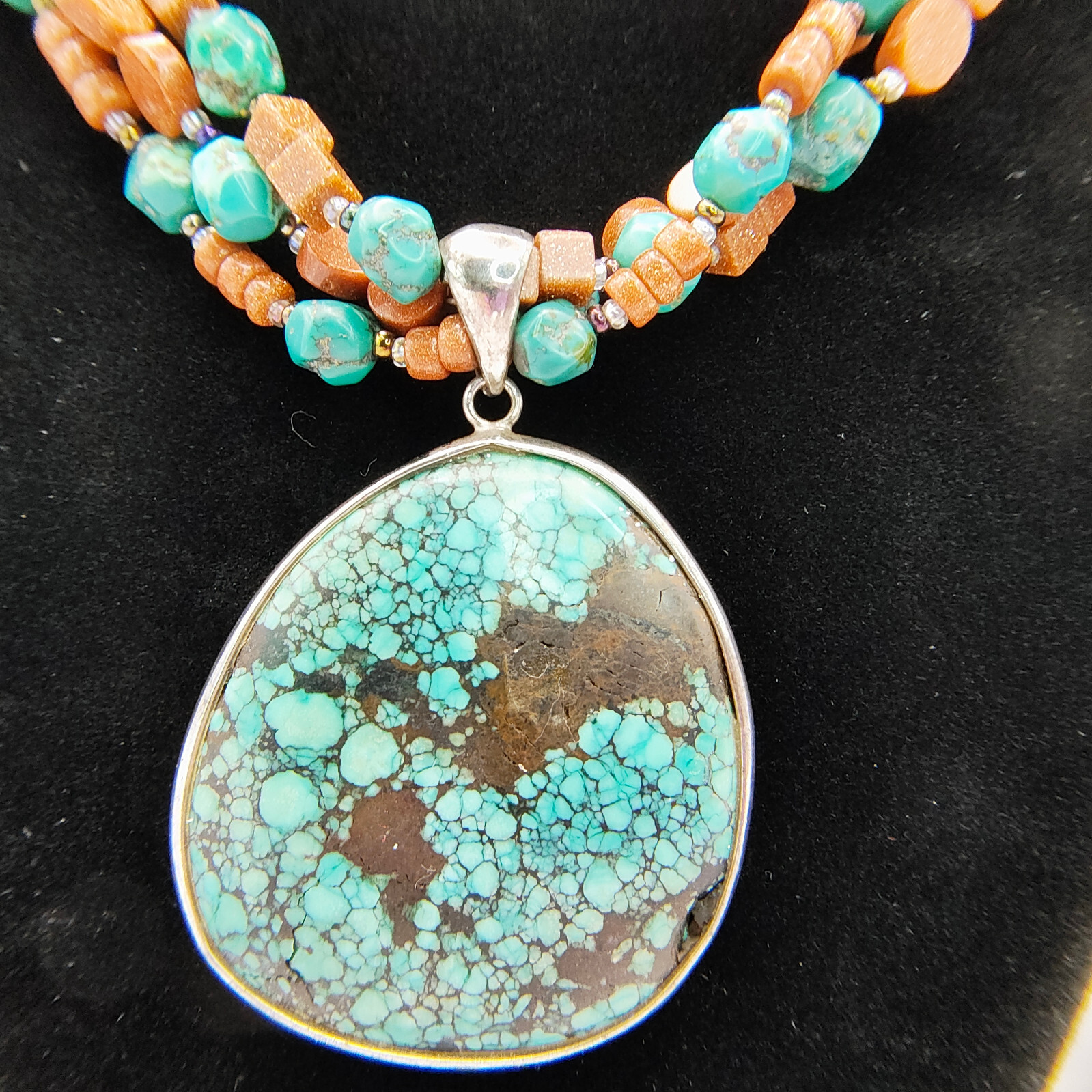 Faux Turquoise Pendant Necklace 925 Sterling Glitter Copper Color Bead Boho