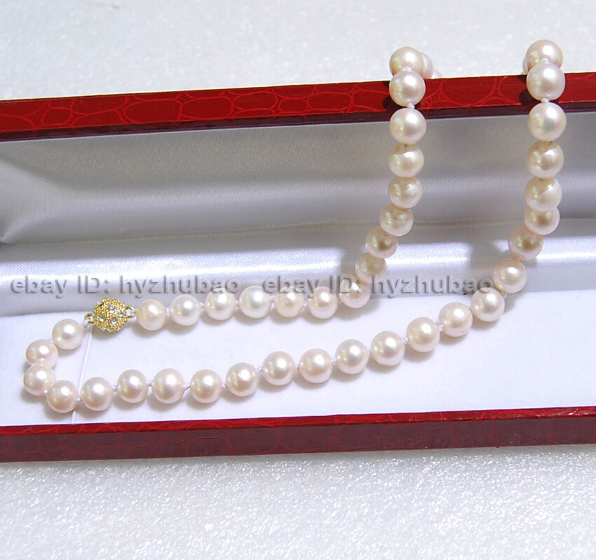 16- 36″ 9-10mm White Akoya Cultured Pearl Beads 14K GP Magnetic Clasp Necklace