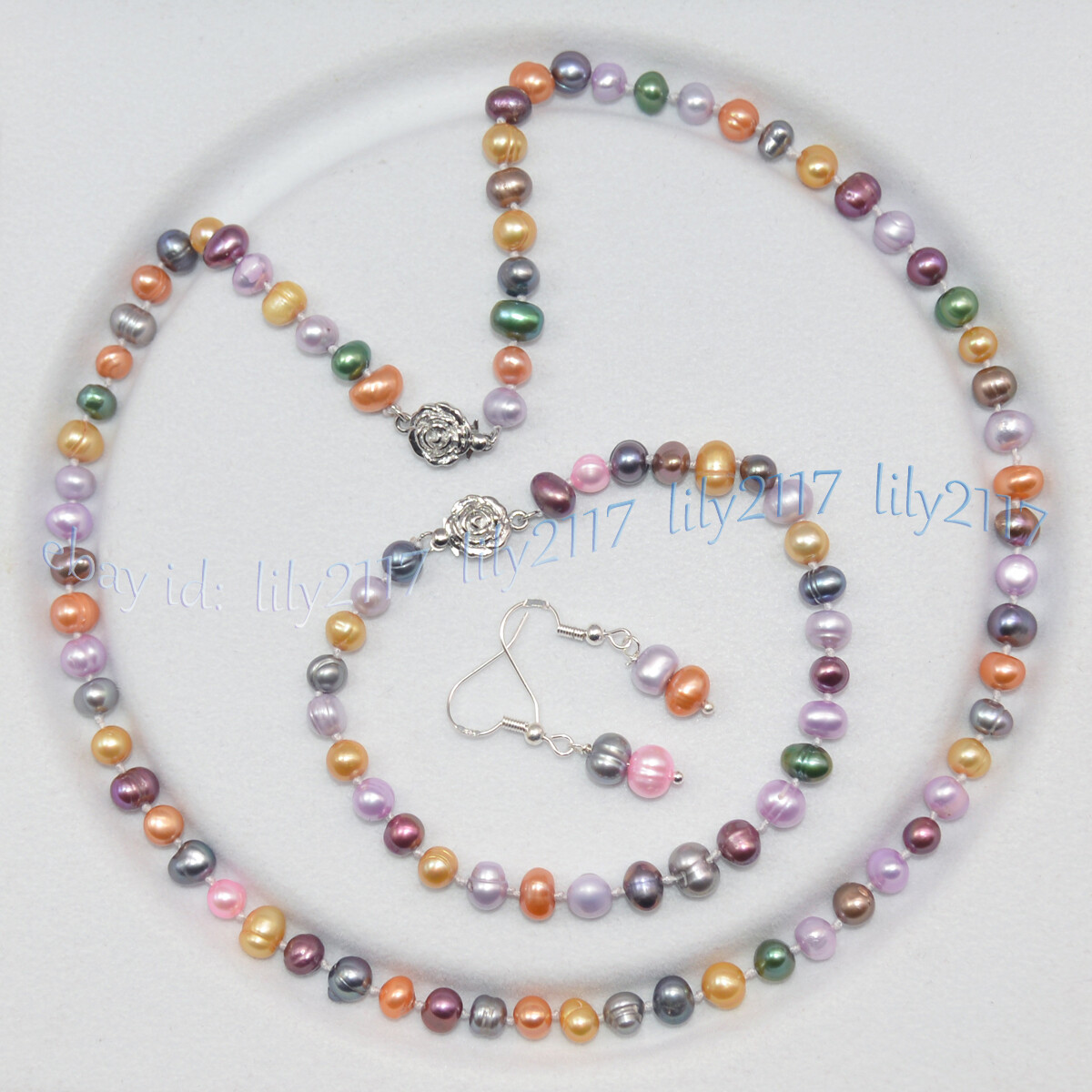 Natural 6-7mm Multicolor Freshwater Pearl Necklace Bracelet Earrings Jewelry Set