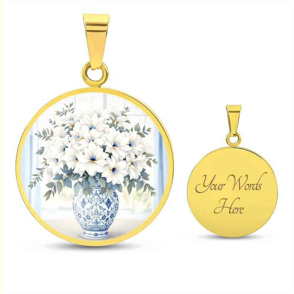 Engraved Floral Pendant Necklace Delft Blue Vase