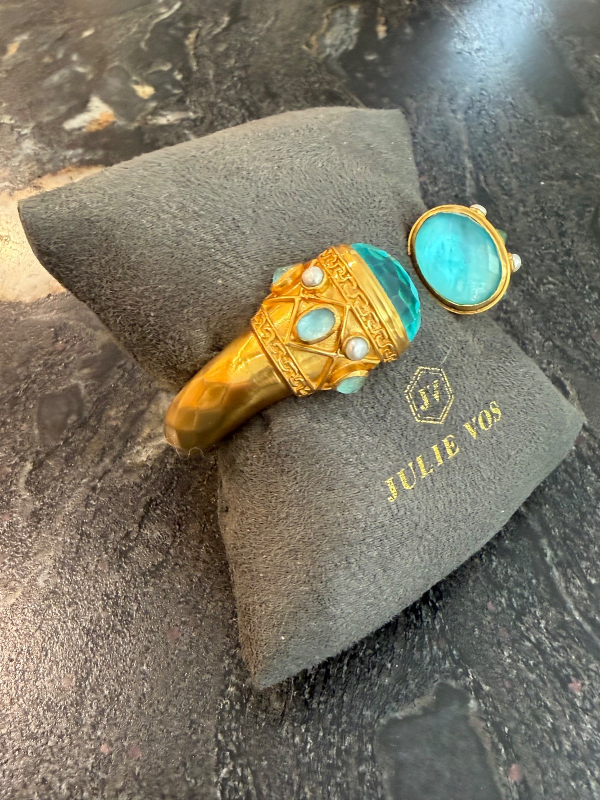 Julie Vos Iridescent Blue Stones & Pearls Large Hinged Cuff Bracelet