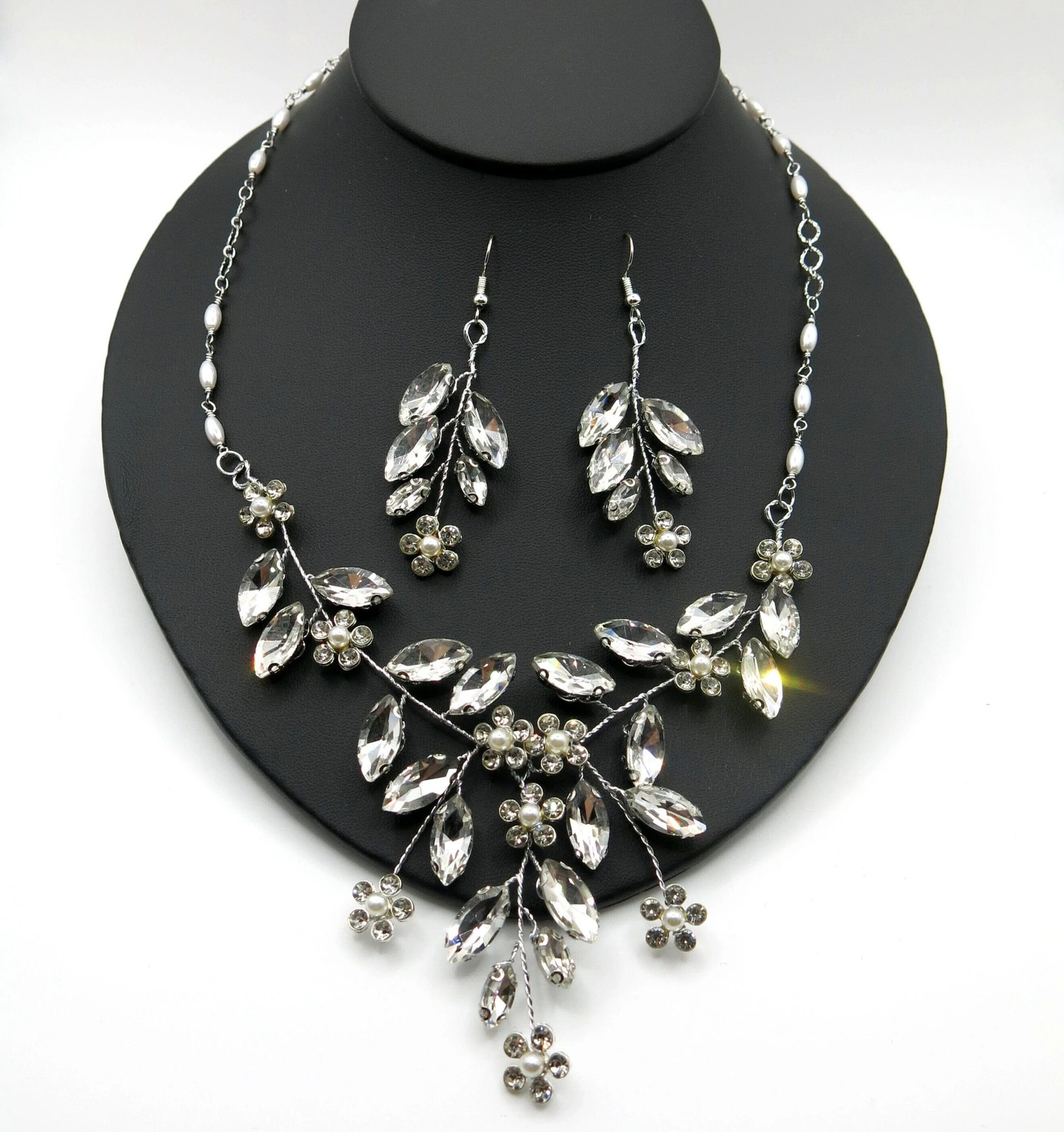 Wedding 3 PC Crystal Wire Jewelry Set, Bridal Floral Gem Necklace and Earrings
