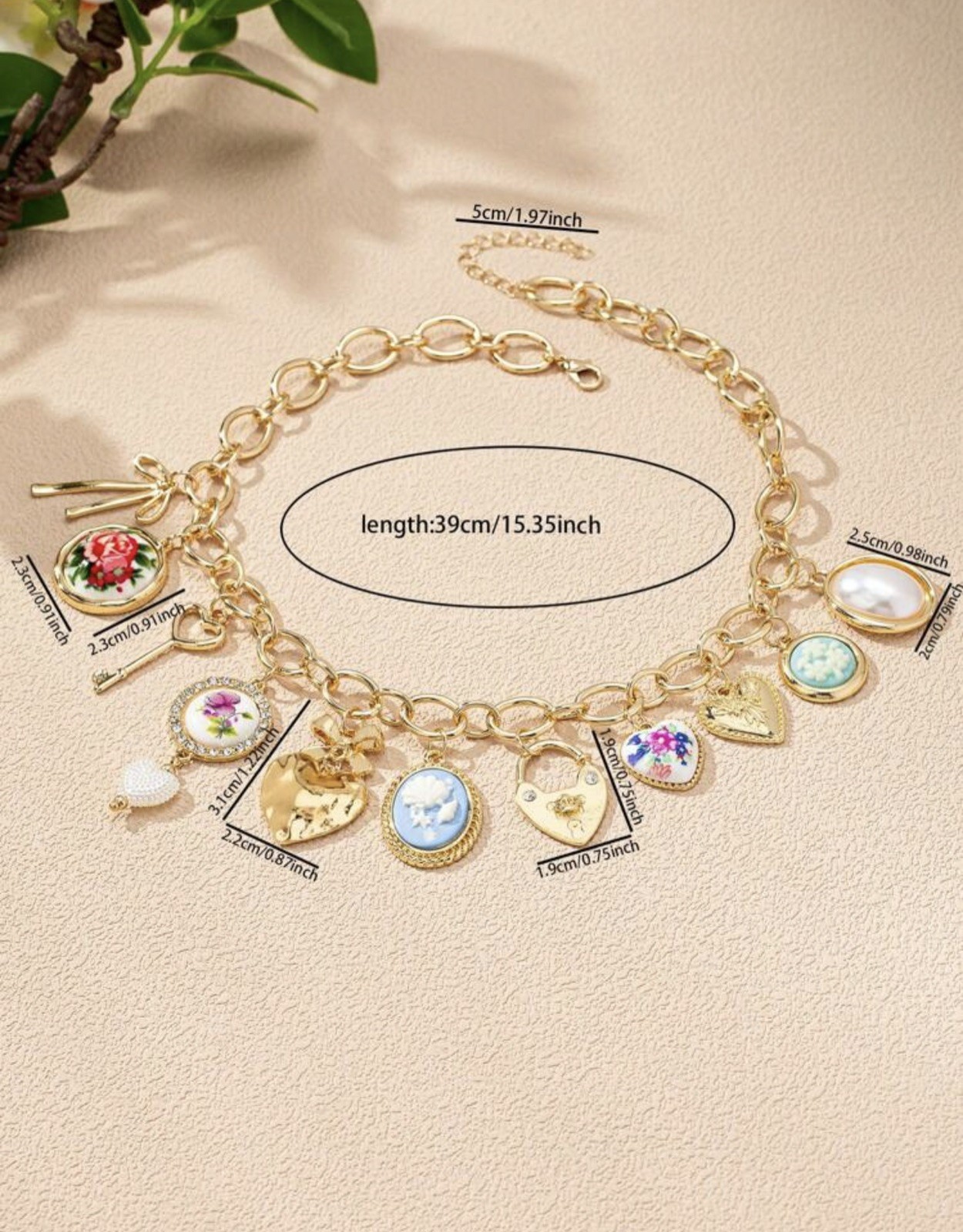 Vintage Charm Statement Necklace Gold Chain Cameo Heart Floral Retro Cute Gift