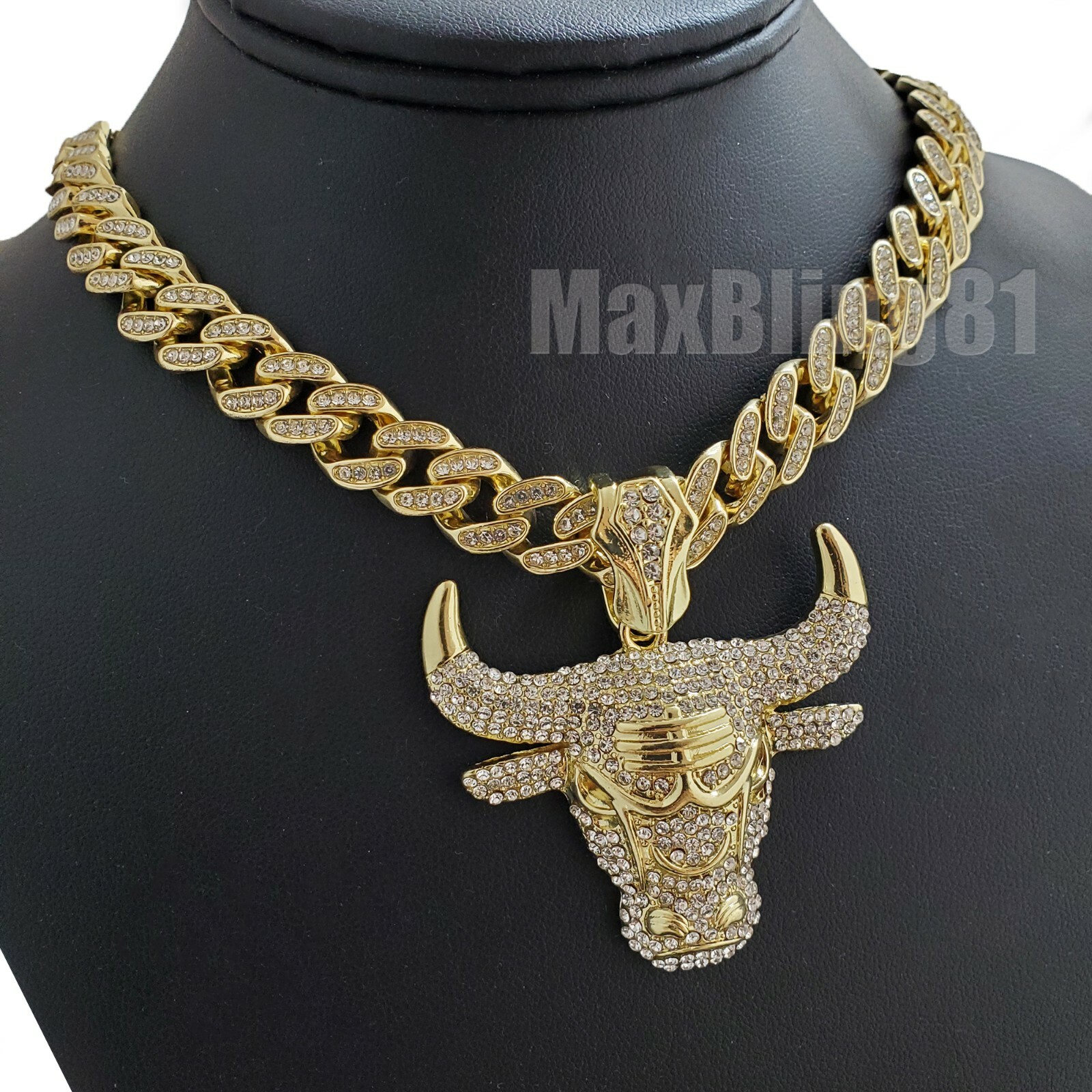 Bulls Head Pendant & 13mm 16″ 18″ 20″ 24″ Iced Cuban Box Lock Chain Necklace