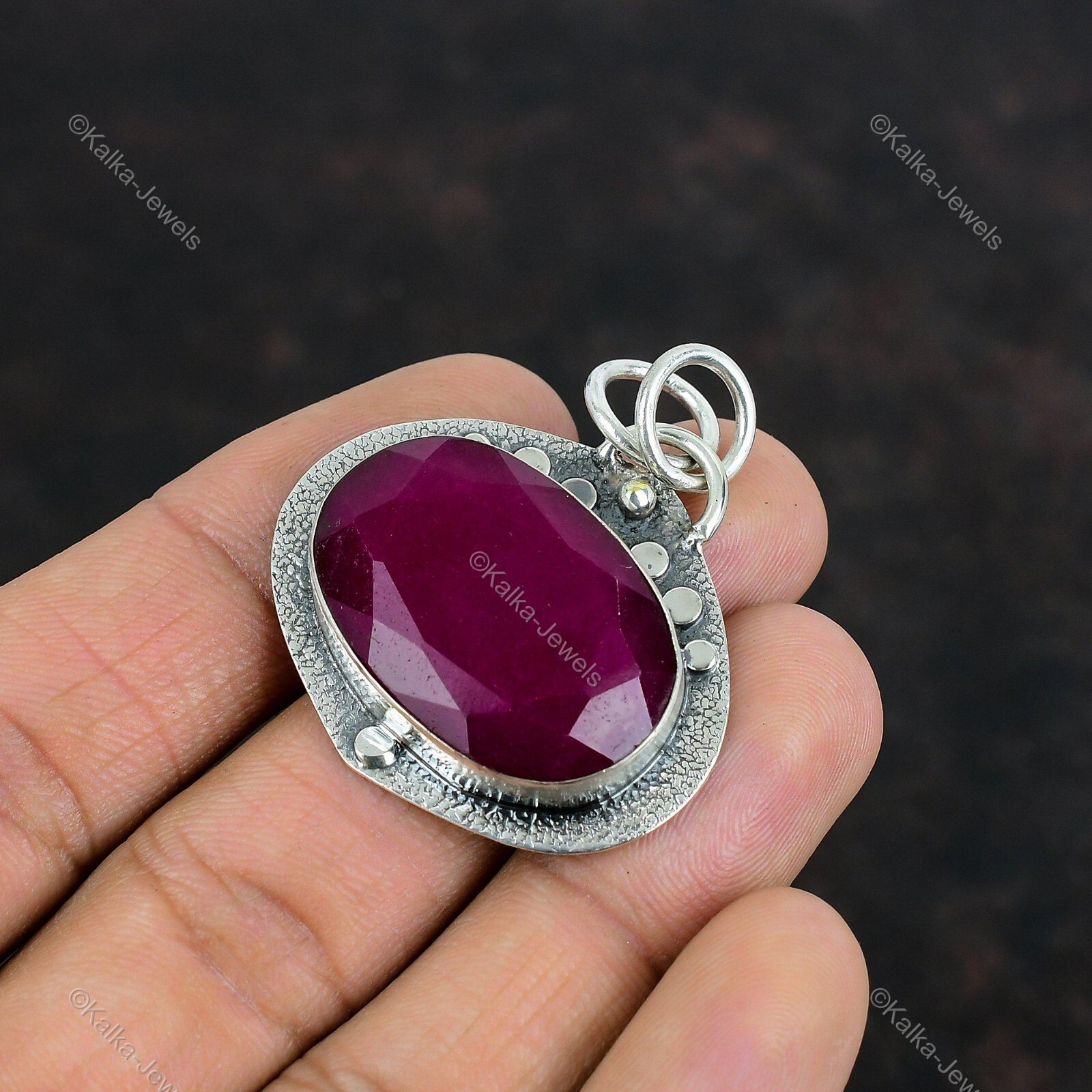 Natural Kashmir Rubi Gemstone Pendant Red 925 Sterling Silver Indian Jewelry