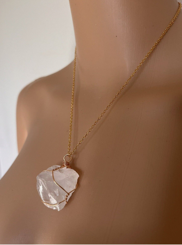Clear Quartz Energy Healing Crystal Gold-Tone Wire Wrapped Pendant Necklace