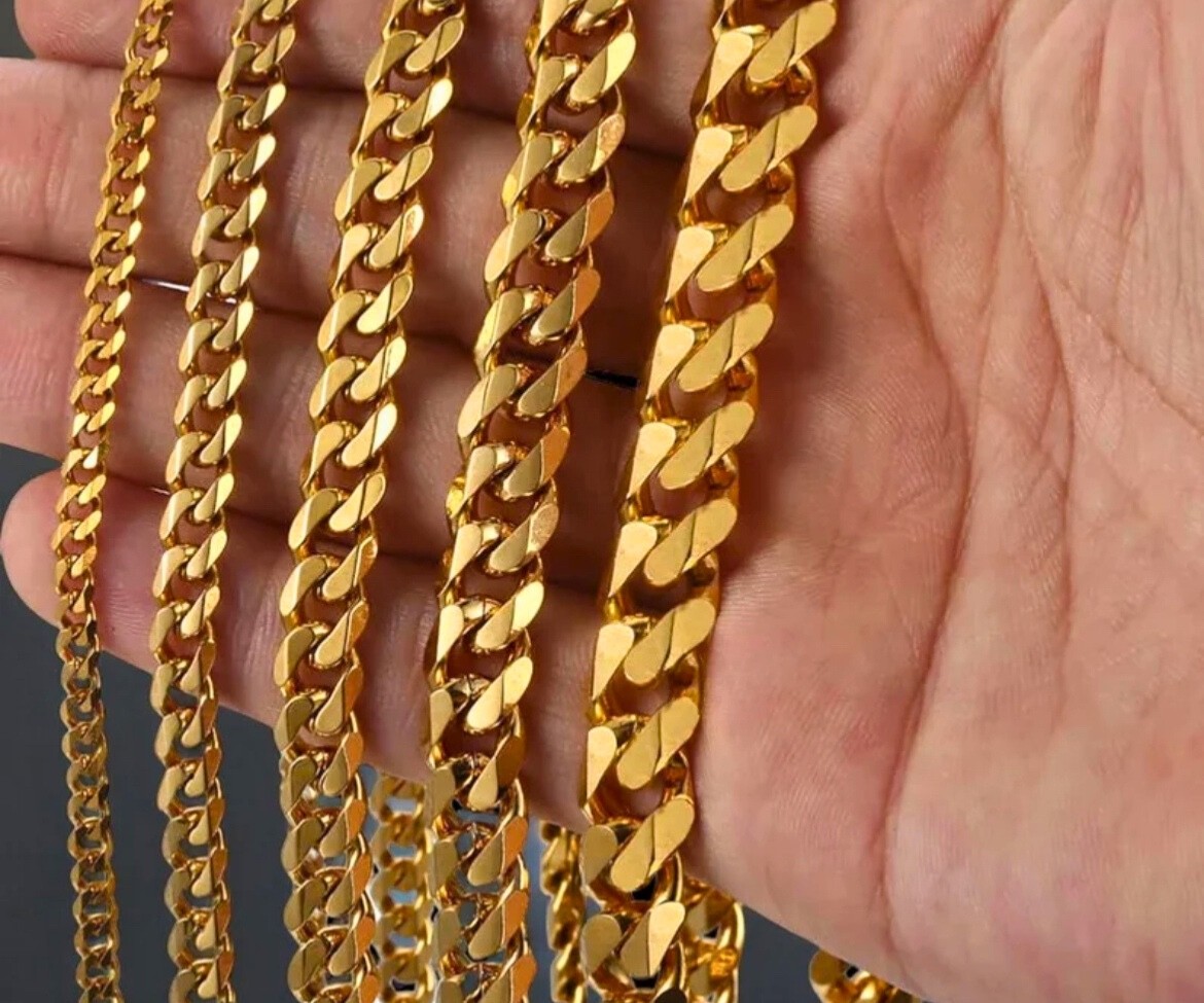 18K Gold Plated Cuban Link Chain Necklace Stainless Steel Curb 3.6–8mm 14–30in