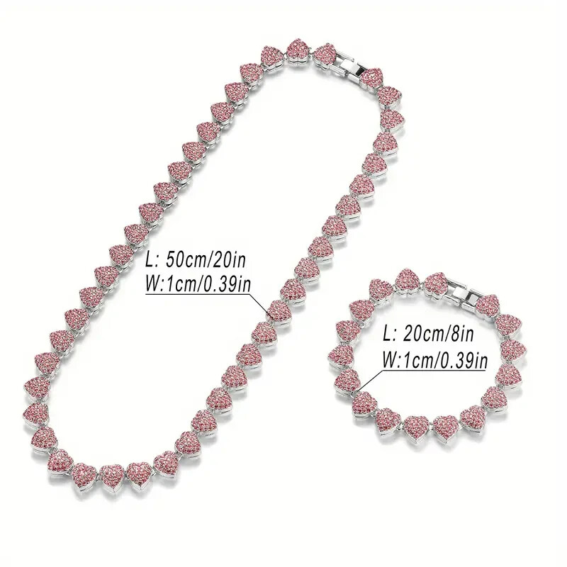 Women Necklace & Bracelet Iced Heart Chain Bling Pink Cubic Zirconia Silver Tone