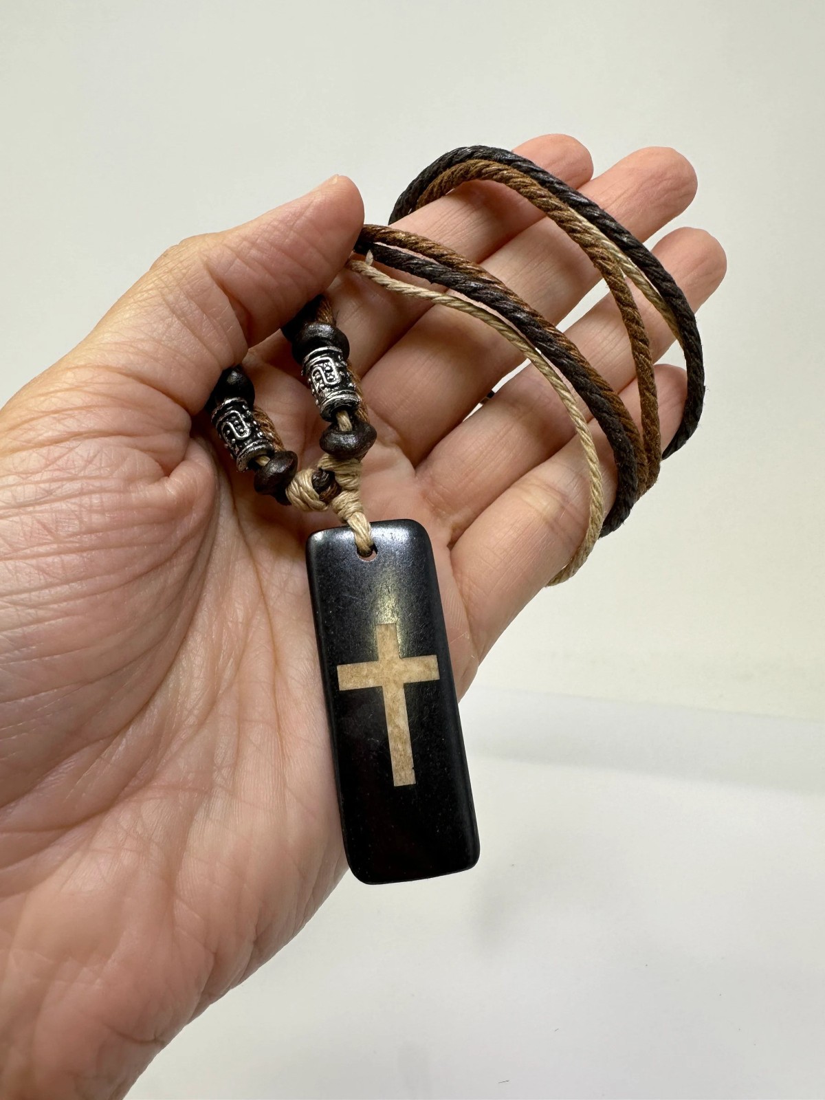 Boho Brown Cross Necklace Resin Pendant 1.75” | Multi Strand Earthy Cord
