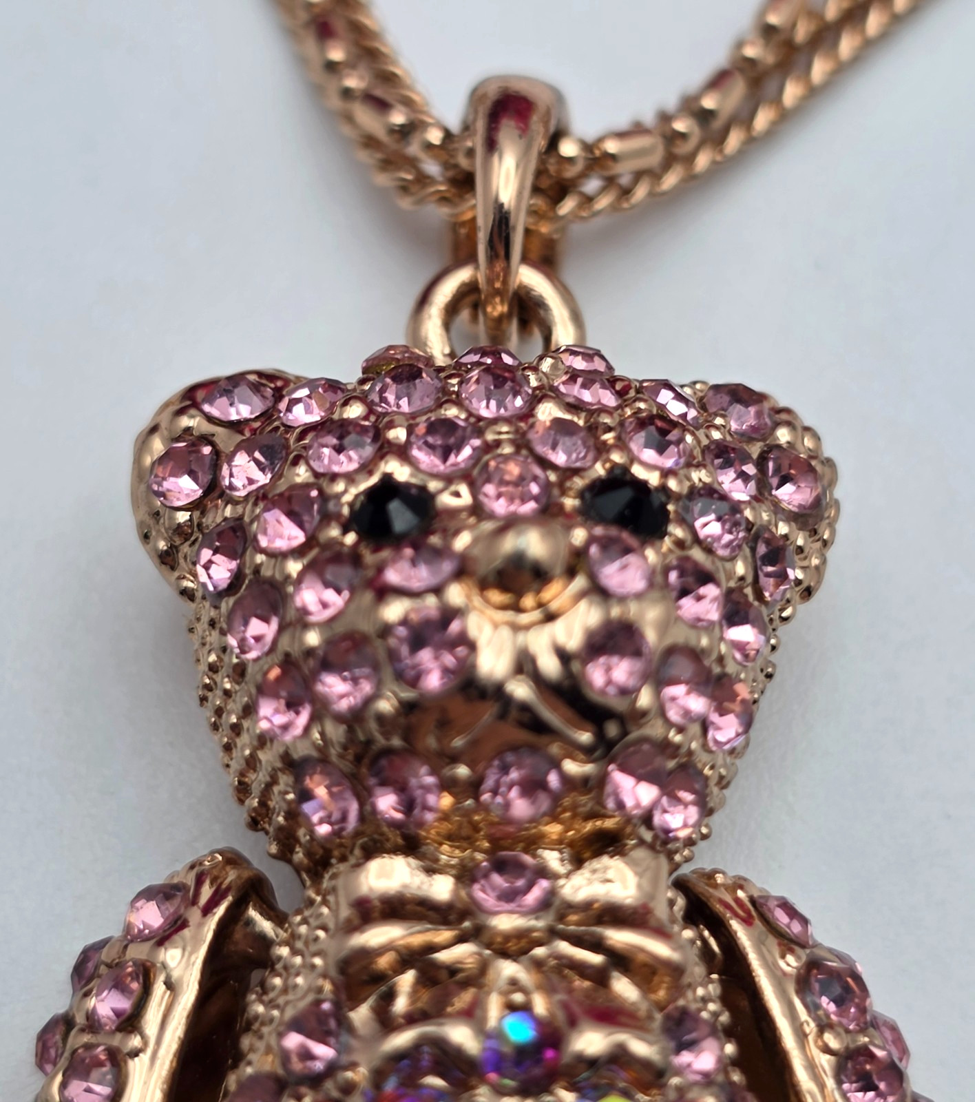 Rose Gold Tone Teddy Bear Pendant Necklace Pink AB Rhinestones 20 in Adj.