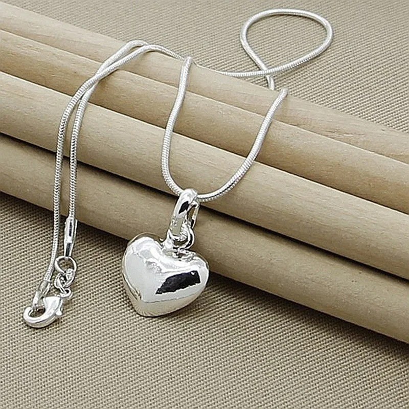Fine 925 Sterling Silver Solid Heart Necklace 18-24 Inches Snake Chain For Women