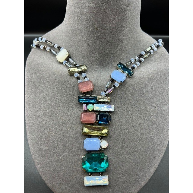 Rare Vtg J Crew Mixed Crystal Sea Glass Statement Necklace Asymmetric Iridescent