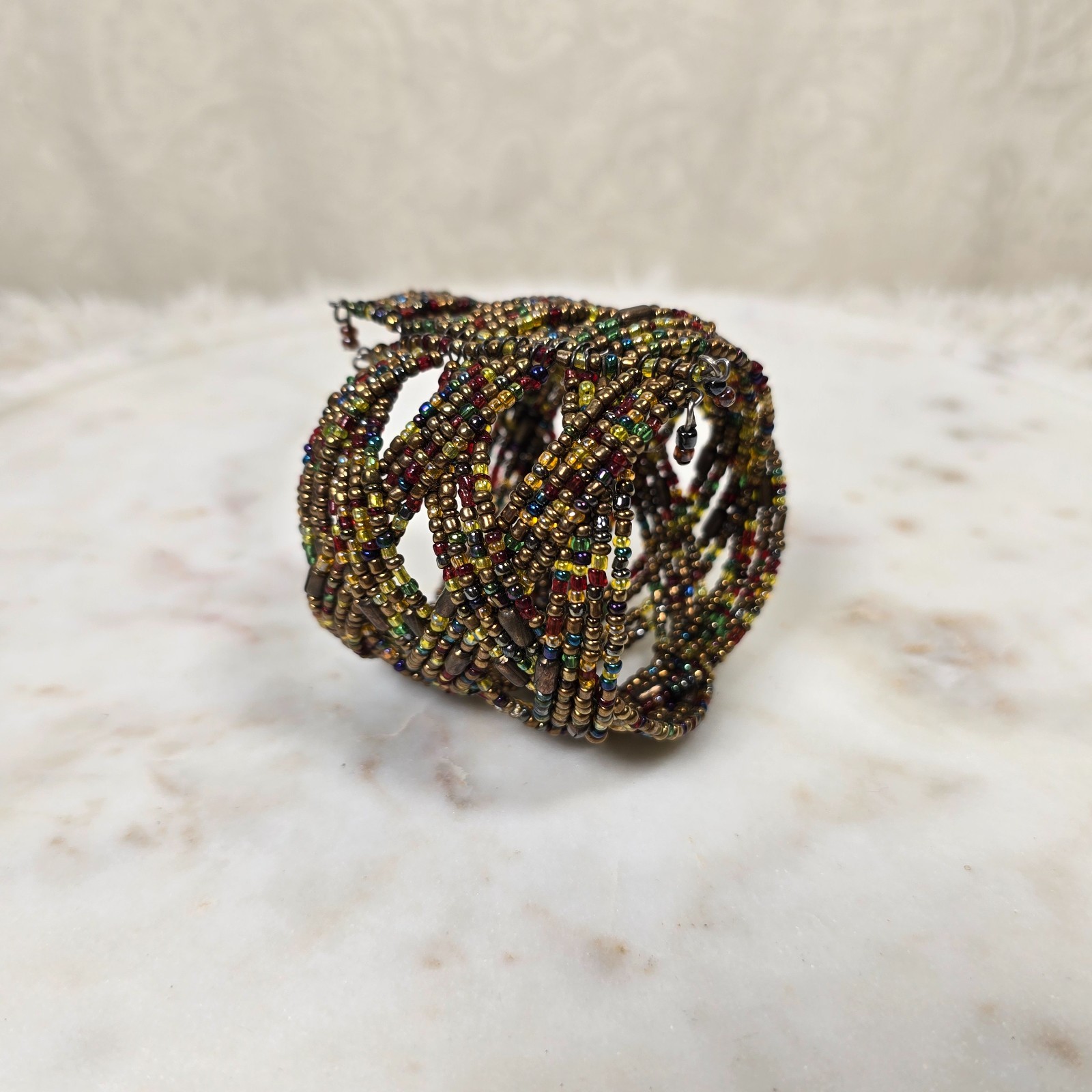 Vintage Handmade Artisan Beaded Braided Cuff Bracelet