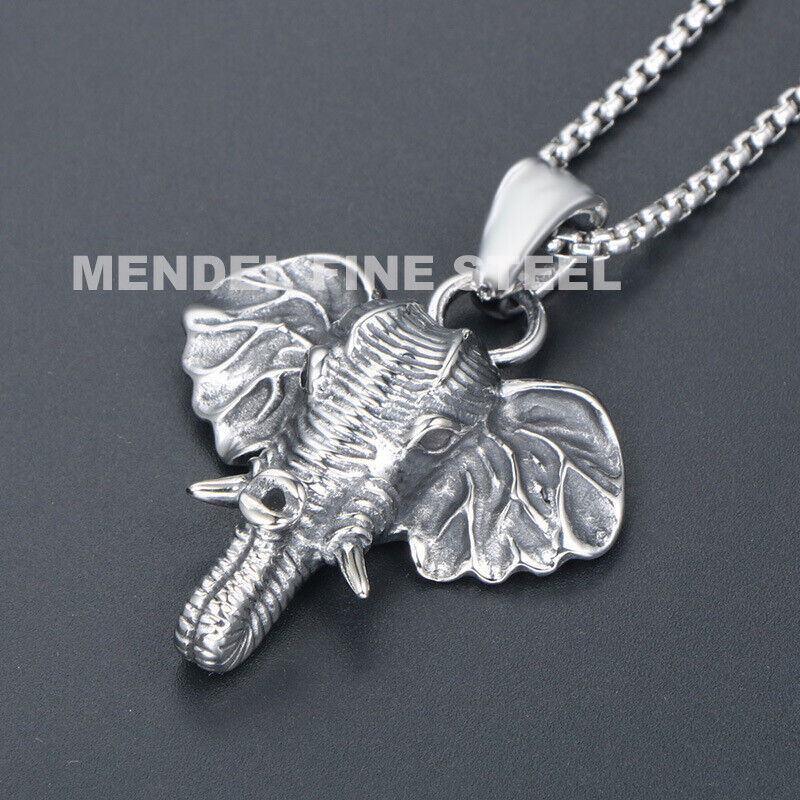 MENDEL Mens Boys Animal Elephant Head Pendant Necklace Stainless Steel For Men
