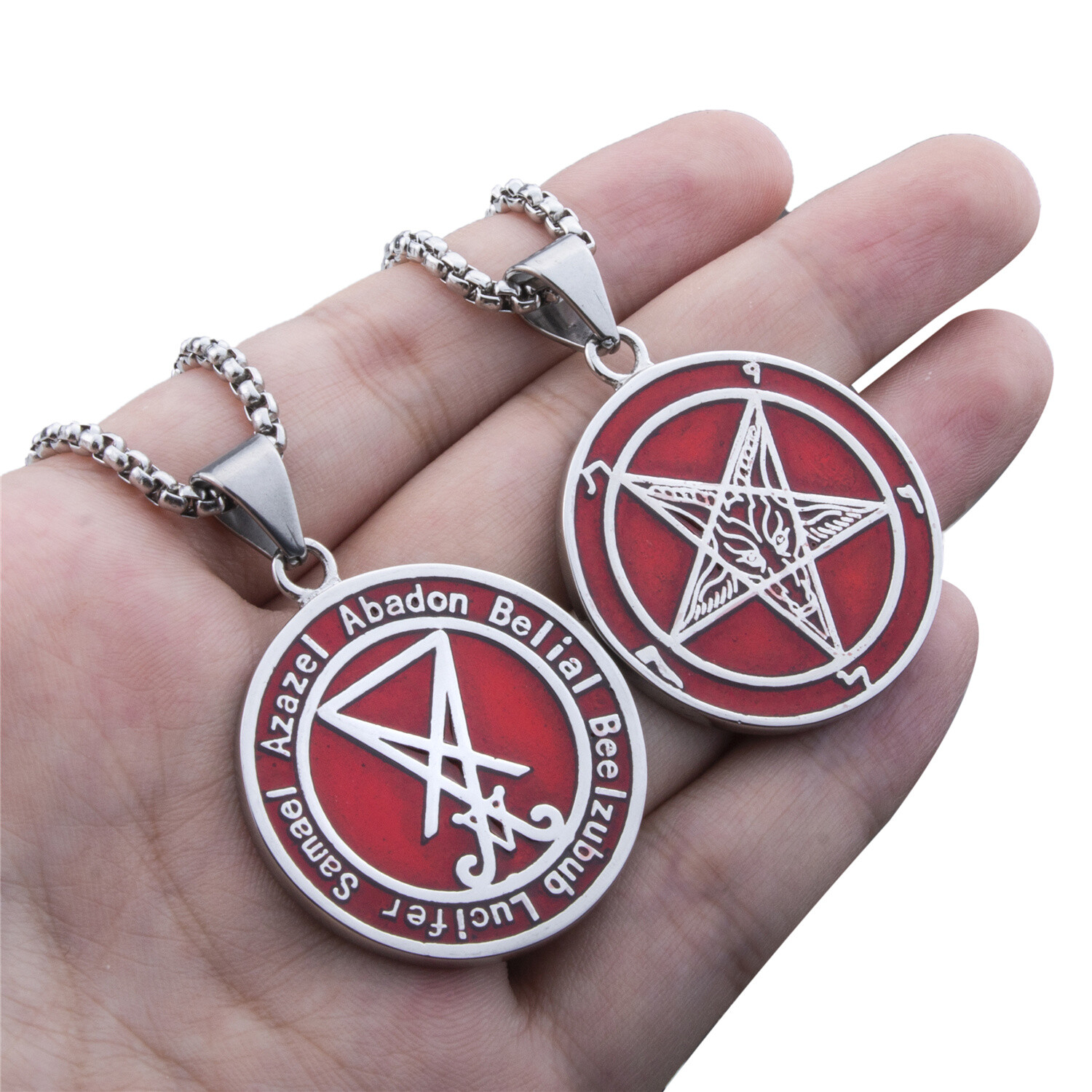 Both Sided Red Baphomet GOAT Sigil of Lucifer Stainless Steel Pendant Necklace