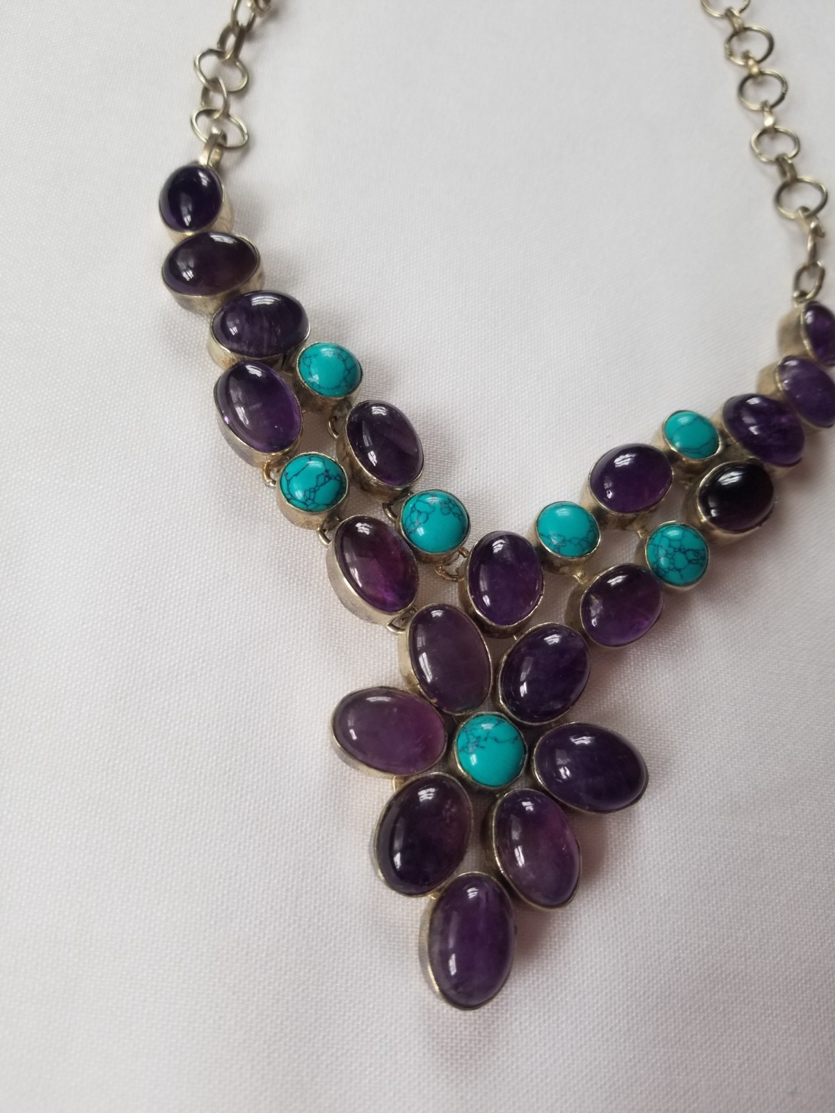 Multi Gemstone Flower Bib Statement Necklace Silver Amethyst Turquoise Handmade