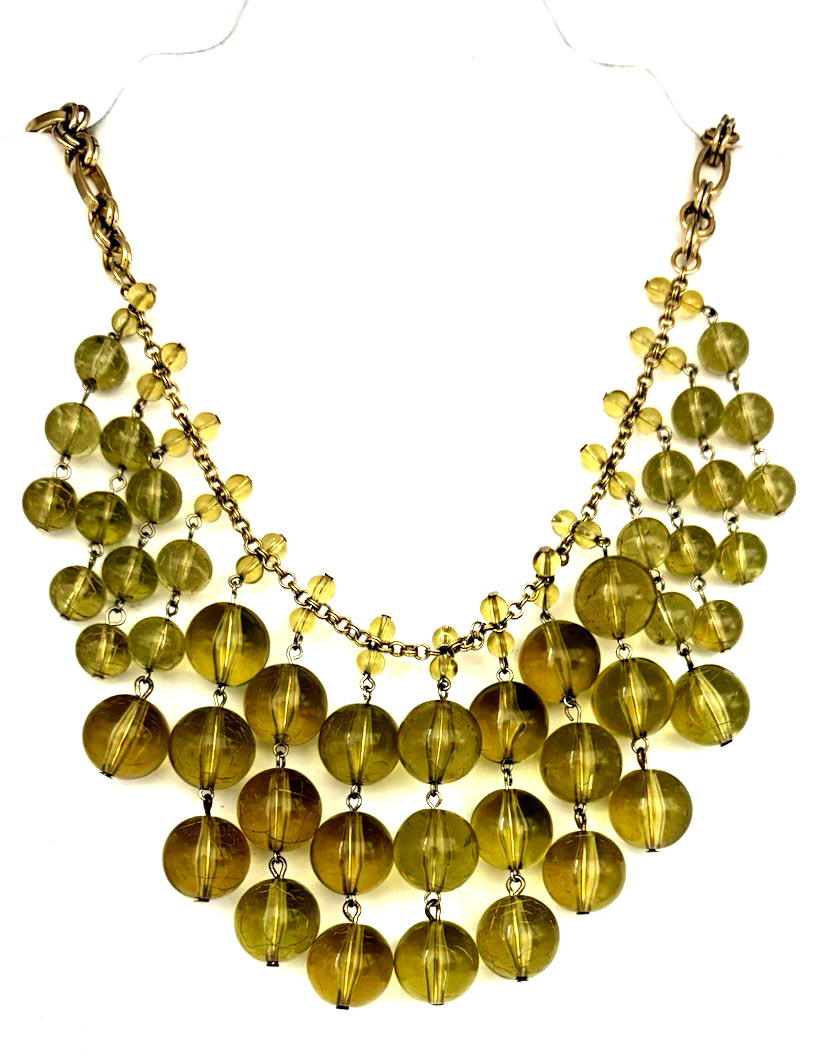 J. Crew 26″ Cascading Translucent Olive Green Beaded Bib Statement Necklace