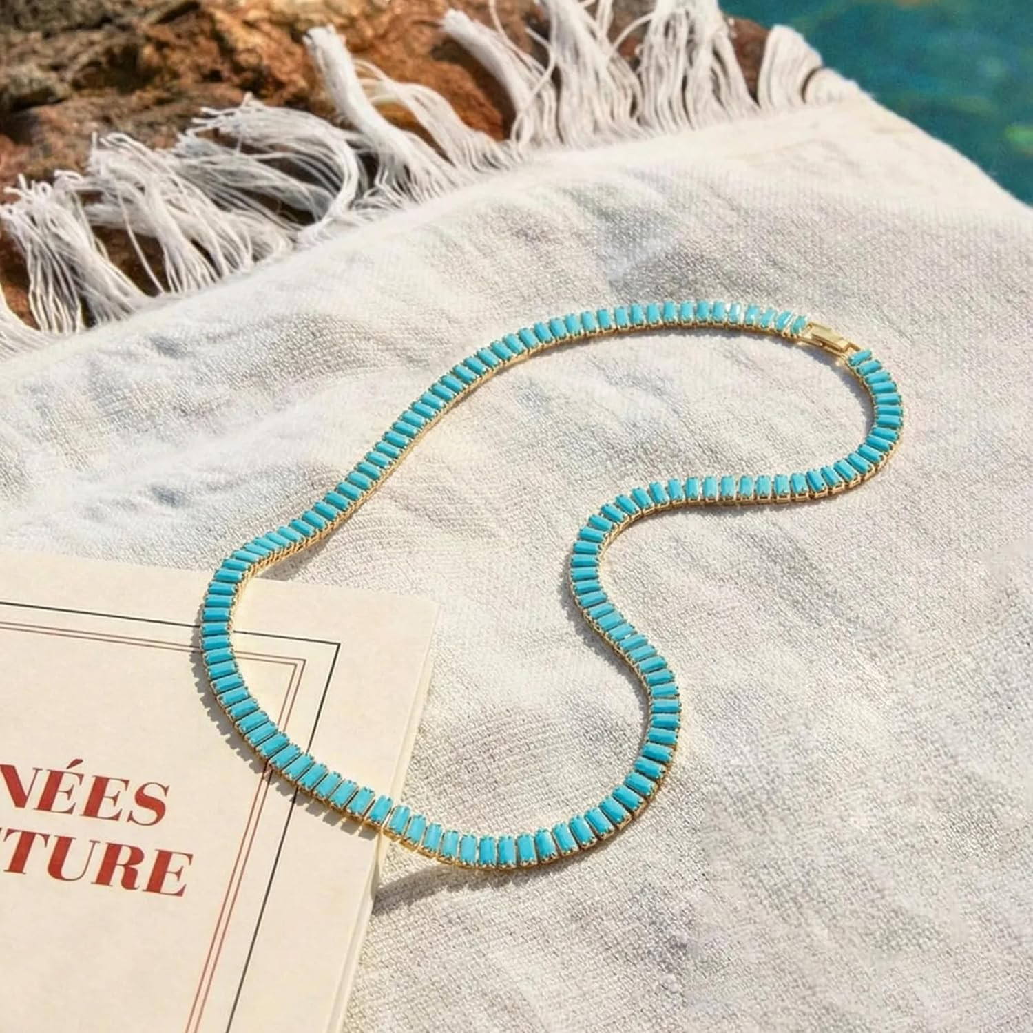 Turquoise Tennis Choker Necklace for Women, 14K Gold Plated Western Boho Vintage