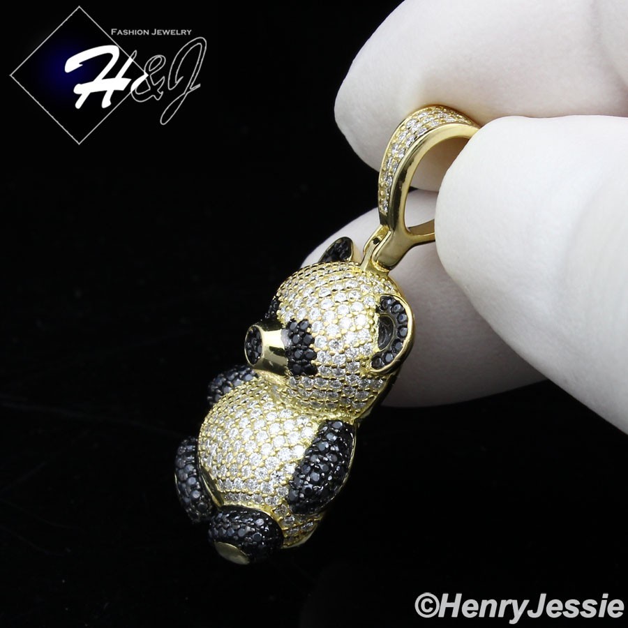925 STERLING SILVER BLACK/CLEAR MOISSANITE 3D GOLD PLATED PANDA PENDANT*MGP554