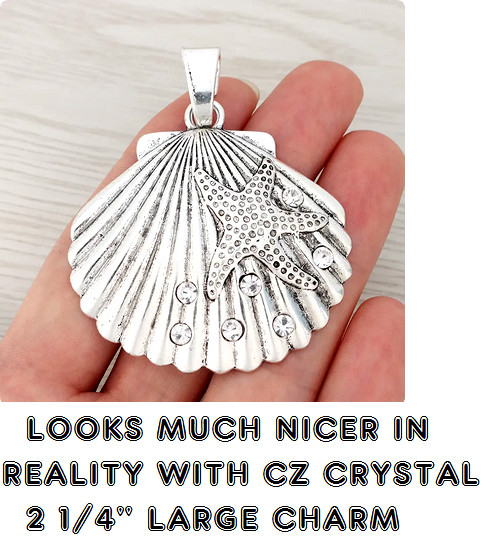 LARGE SEA SCALLOP SEASHELL STARFISH Cz Pendant 20″ 925 Sterling Silver Necklace